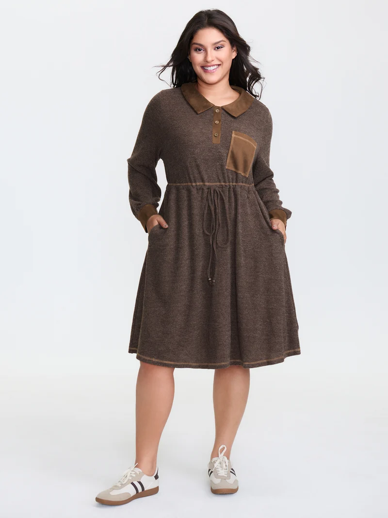 Fluffy Textured Color Contrast Midi Dress
