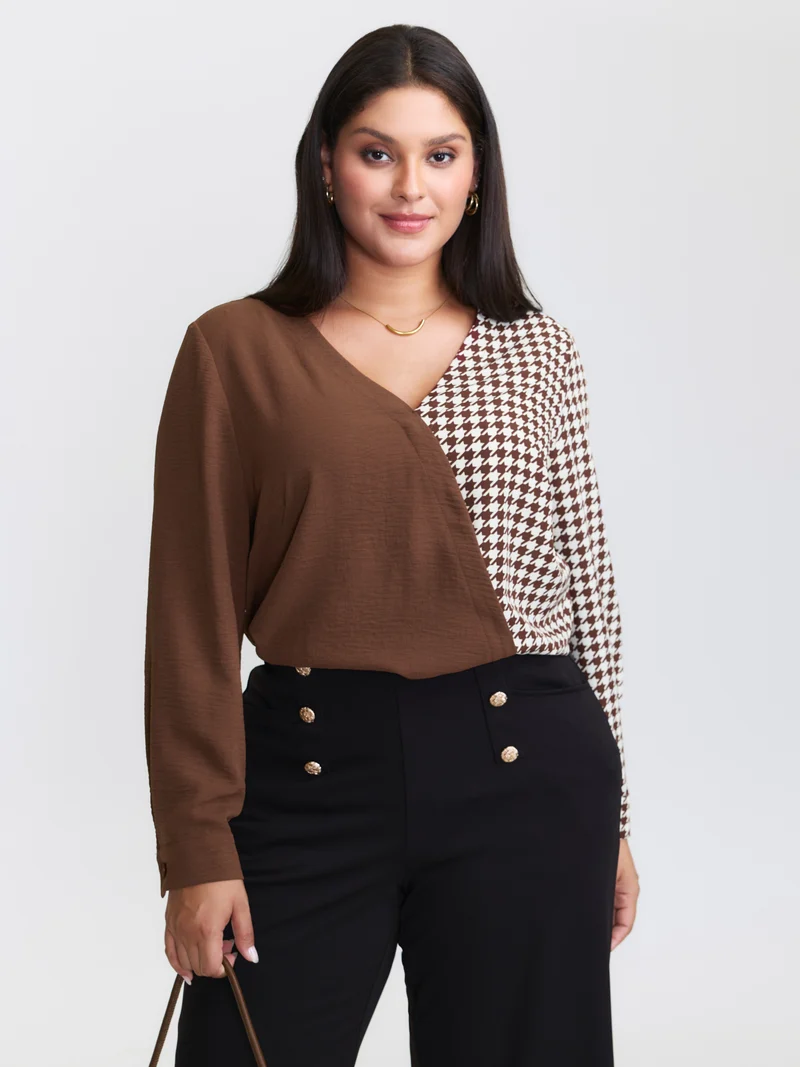 Checkered Contrast Button V-Neck Blouse