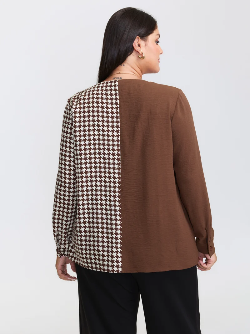 Checkered Contrast Button V-Neck Blouse