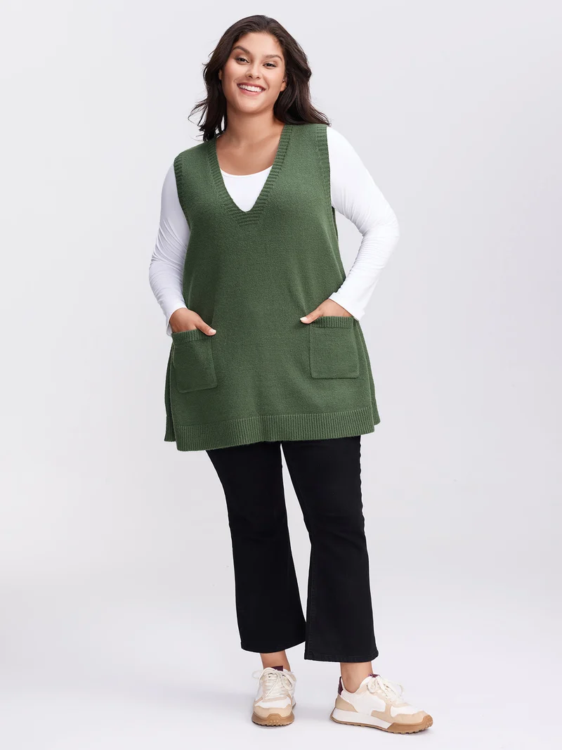 A-Line Pockets V-Neck Pullover