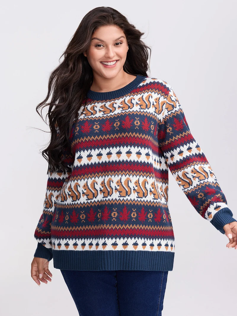 Squirrel Fall Print Jacquard Pullover