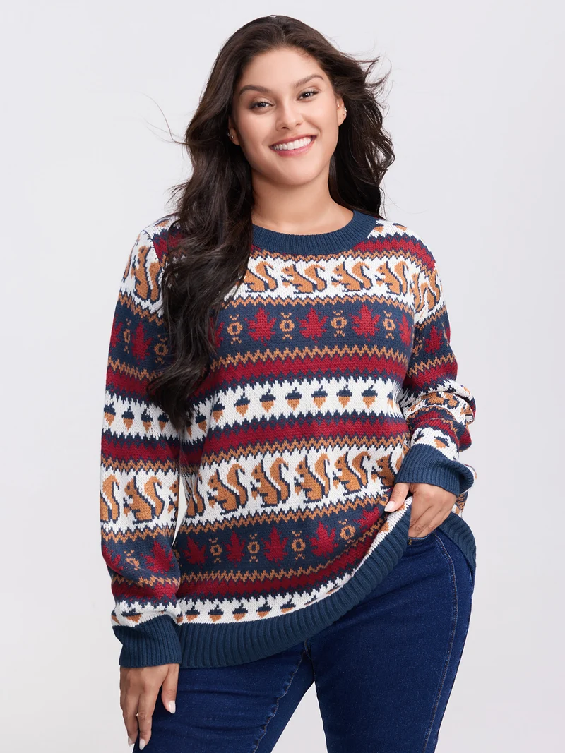 Squirrel Fall Print Jacquard Pullover