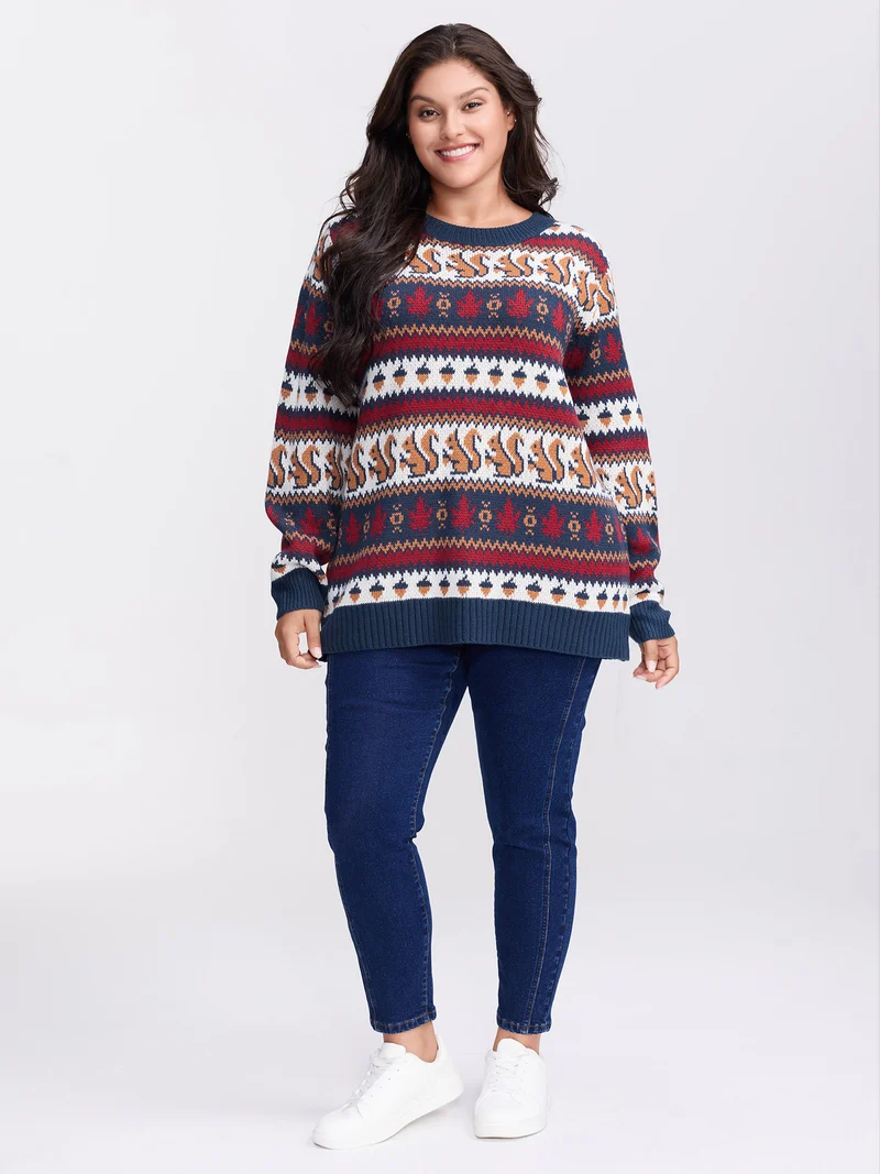 Squirrel Fall Print Jacquard Pullover