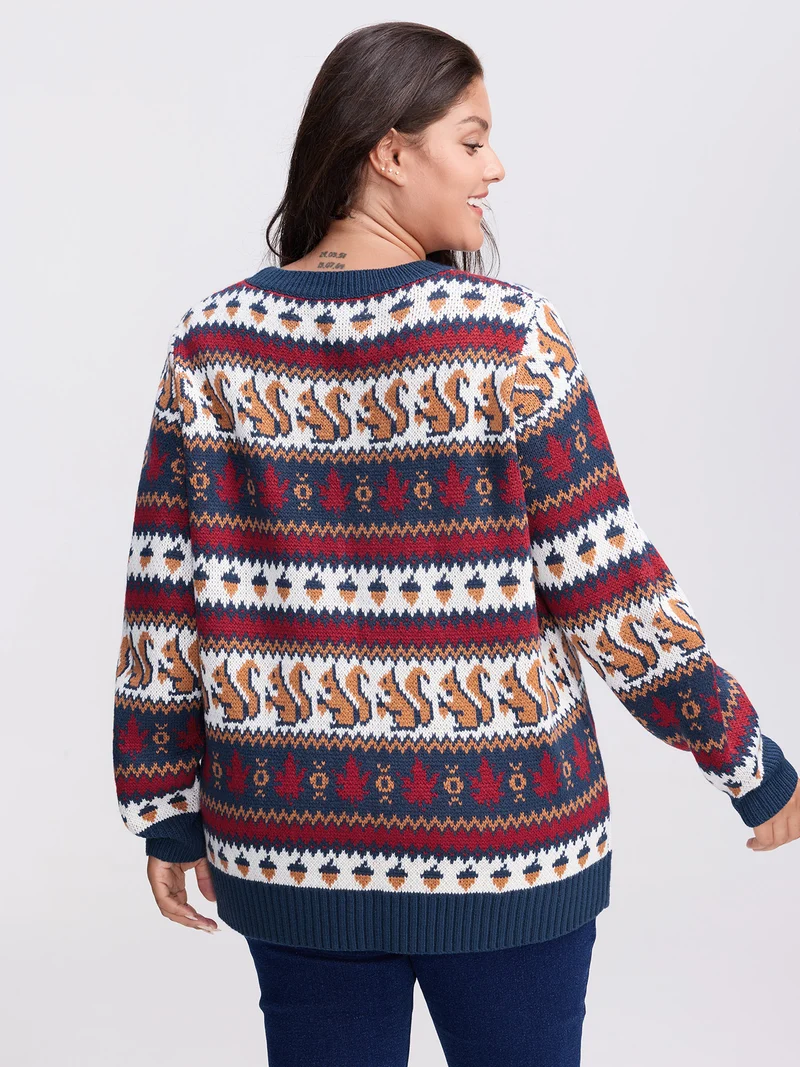 Squirrel Fall Print Jacquard Pullover