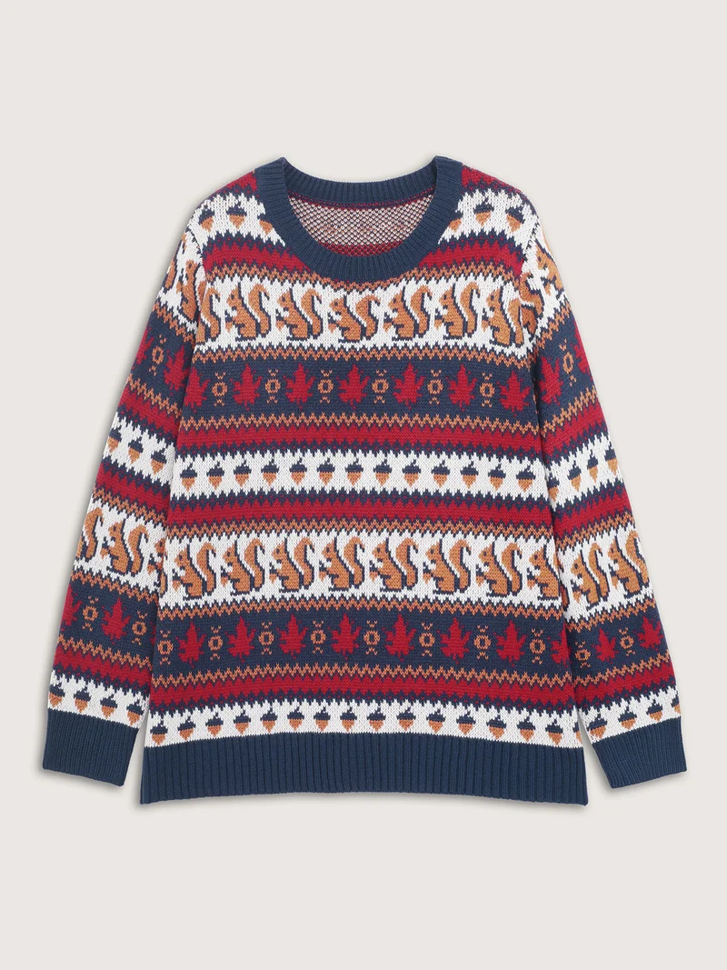 Squirrel Fall Print Jacquard Pullover