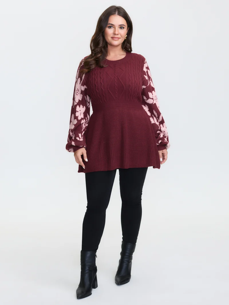 Cableknit Floral Cinched-Waist Pullover