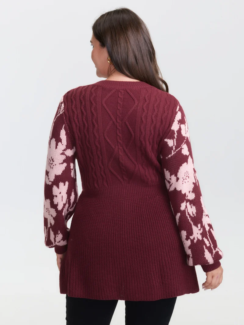 Cableknit Floral Cinched-Waist Pullover