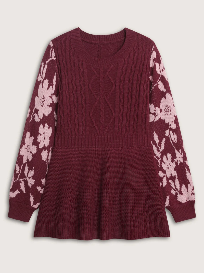 Cableknit Floral Cinched-Waist Pullover