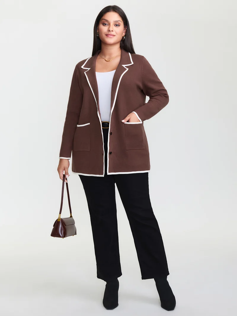 Suit Collar Color Contrast Pockets Knit Cardigan