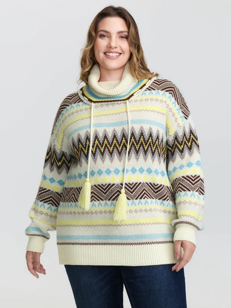 Jacquard Boho Print Turtleneck Pullover