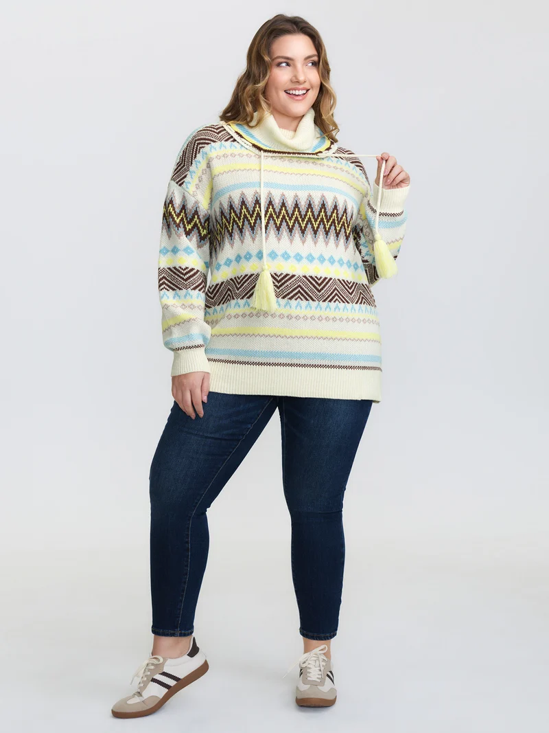 Jacquard Boho Print Turtleneck Pullover