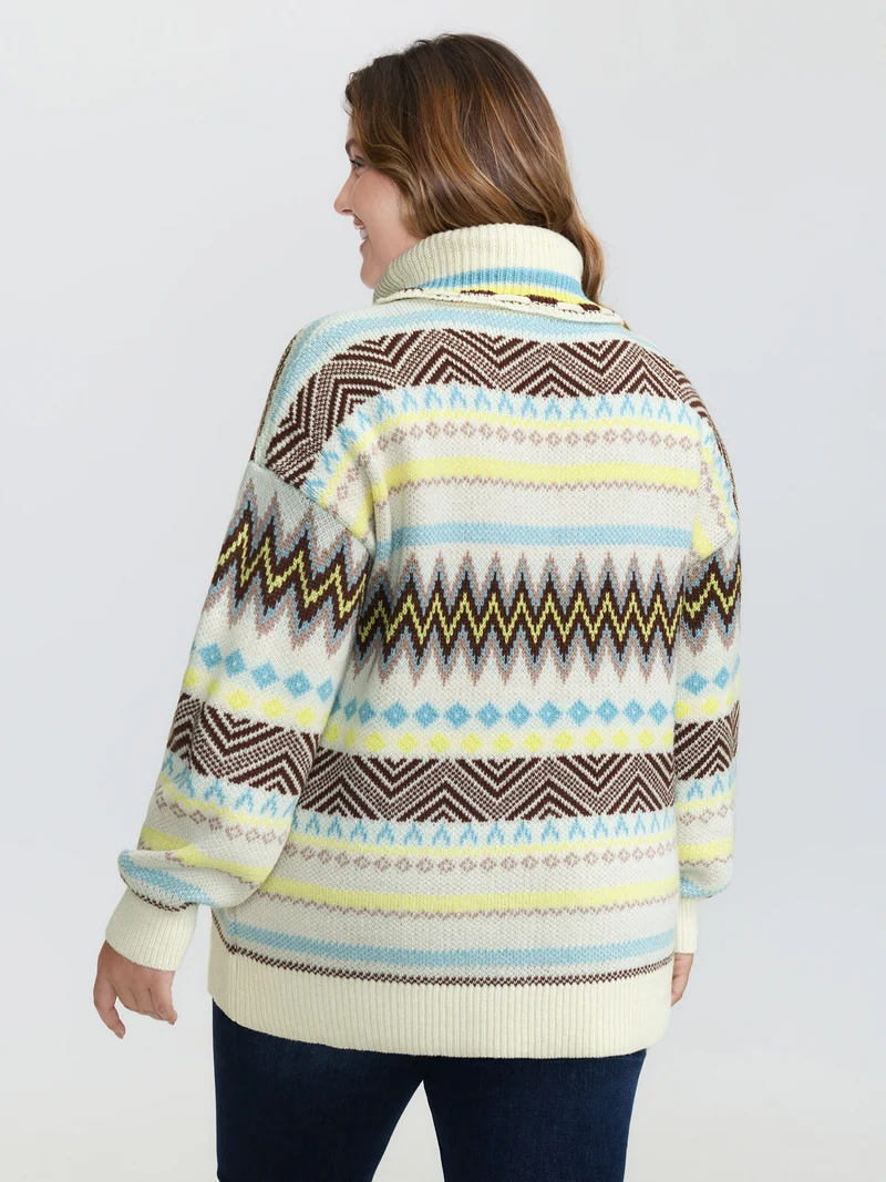 Jacquard Boho Print Turtleneck Pullover