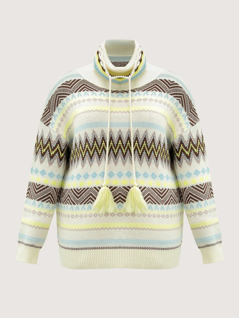 Jacquard Boho Print Turtleneck Pullover