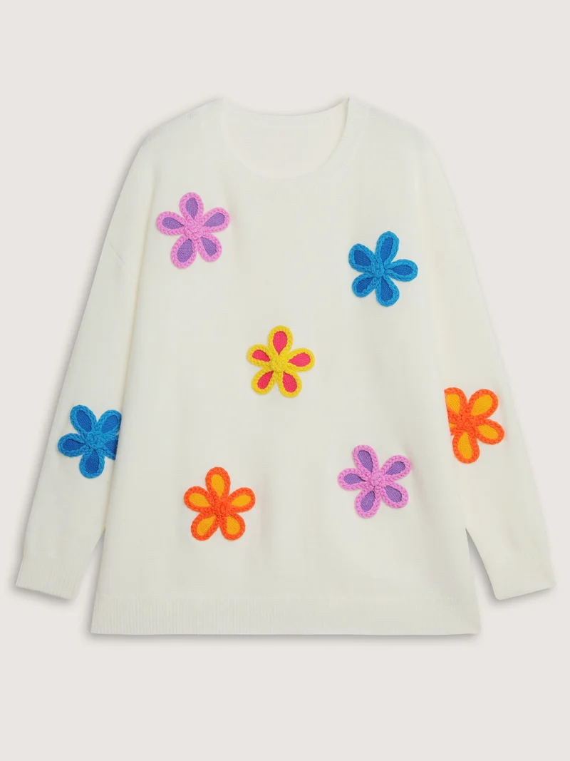 Supersoft Multi-Color Floral Crochet Round Neck Pullover