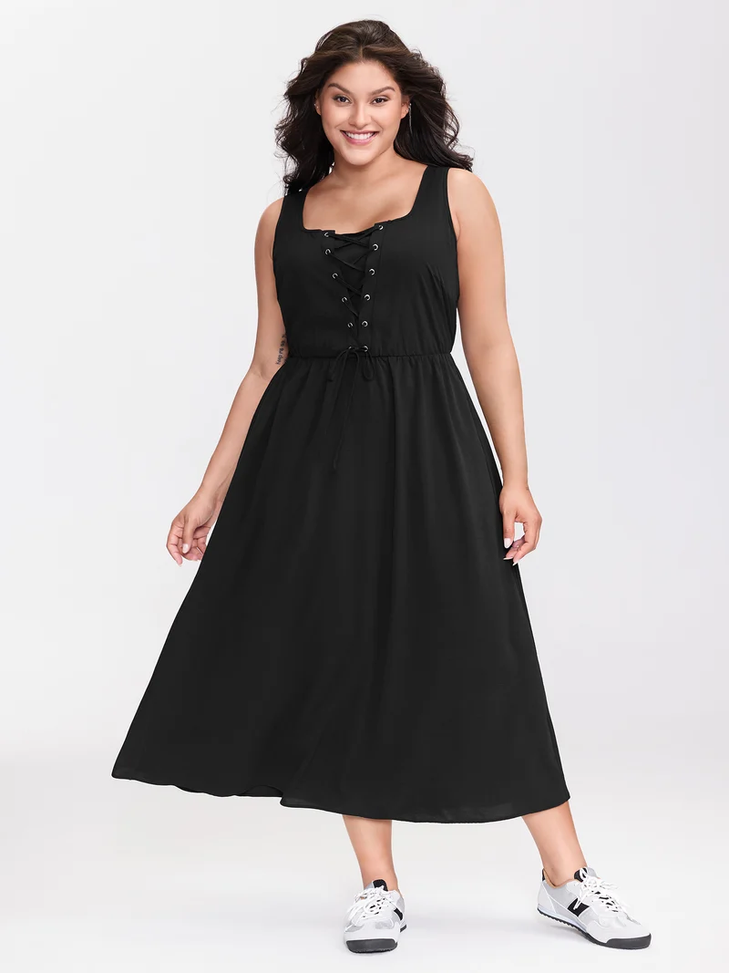 Cross-Tie Textured Solid Midi Dress