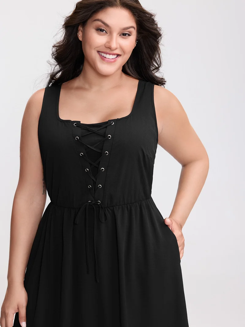 Cross-Tie Textured Solid Midi Dress