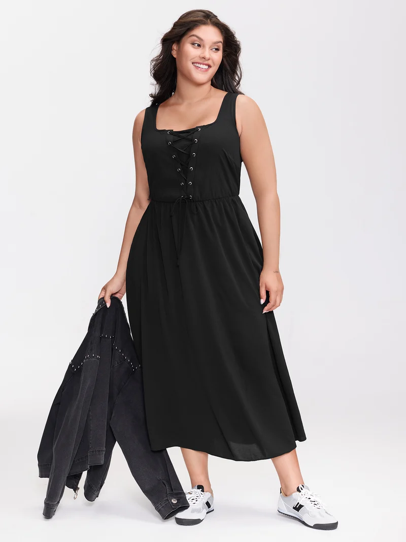 Cross-Tie Textured Solid Midi Dress