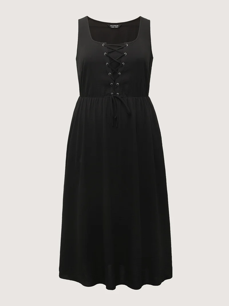 Cross-Tie Textured Solid Midi Dress