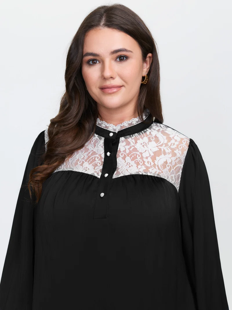 Lace Trim Mock Neck Button Blouse