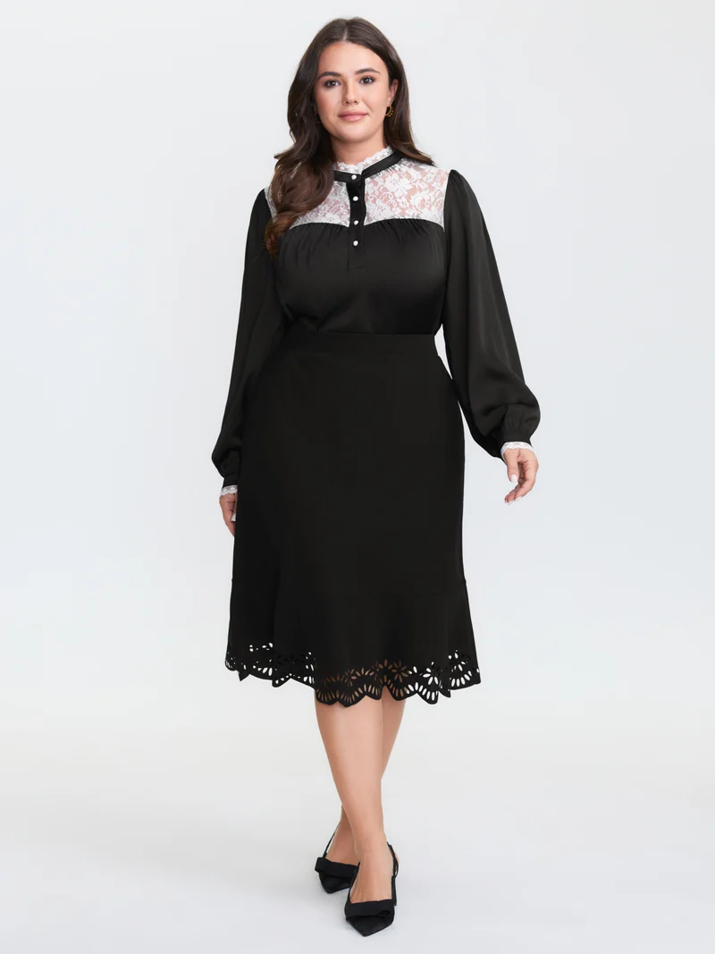Lace Trim Mock Neck Button Blouse