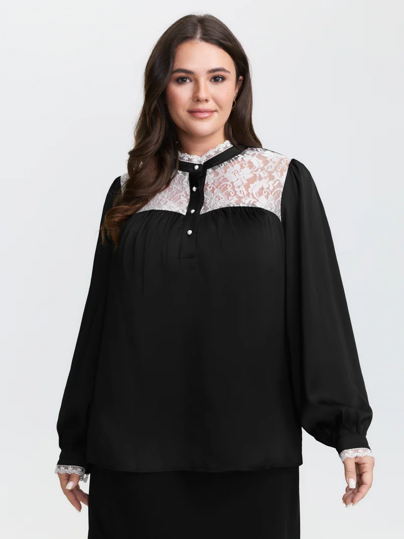 Lace Trim Mock Neck Button Blouse