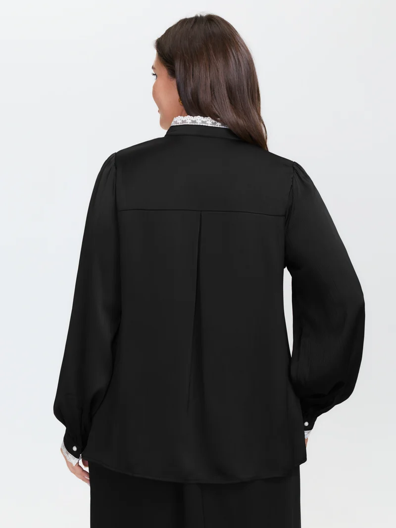 Lace Trim Mock Neck Button Blouse