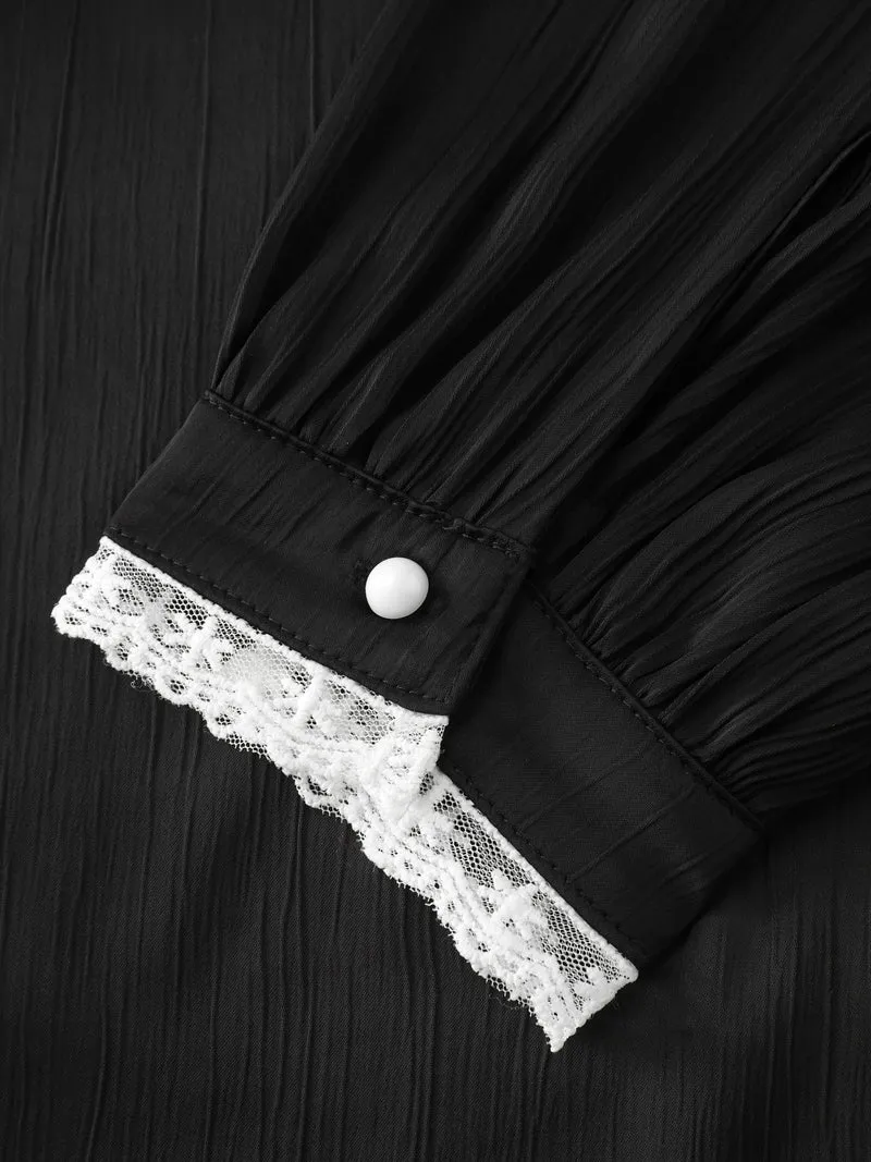 Lace Trim Mock Neck Button Blouse
