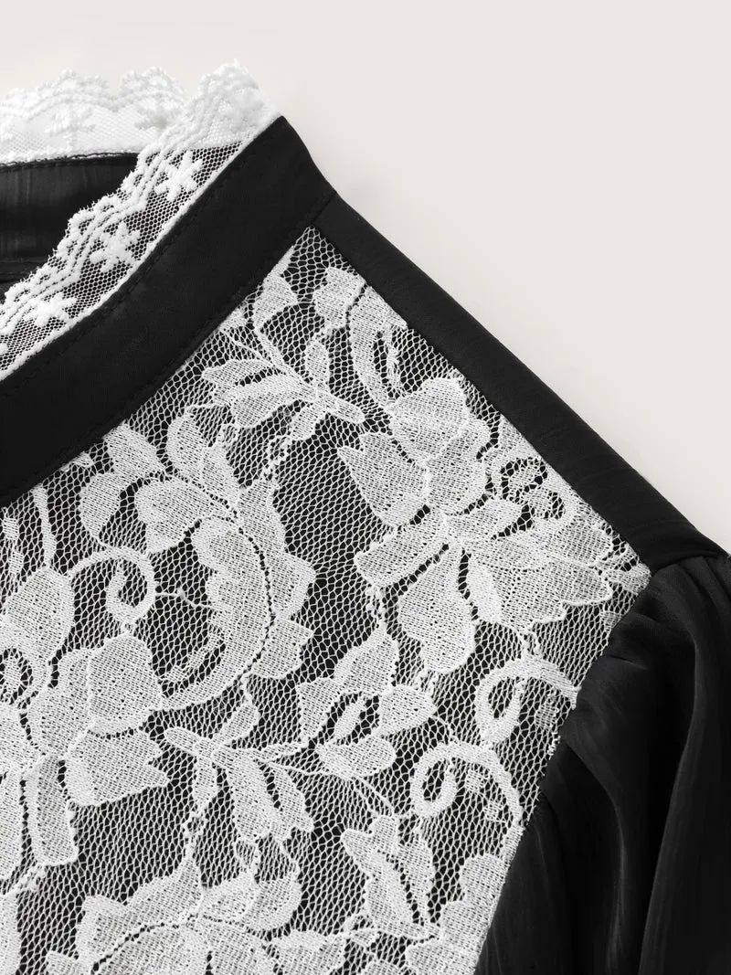 Lace Trim Mock Neck Button Blouse