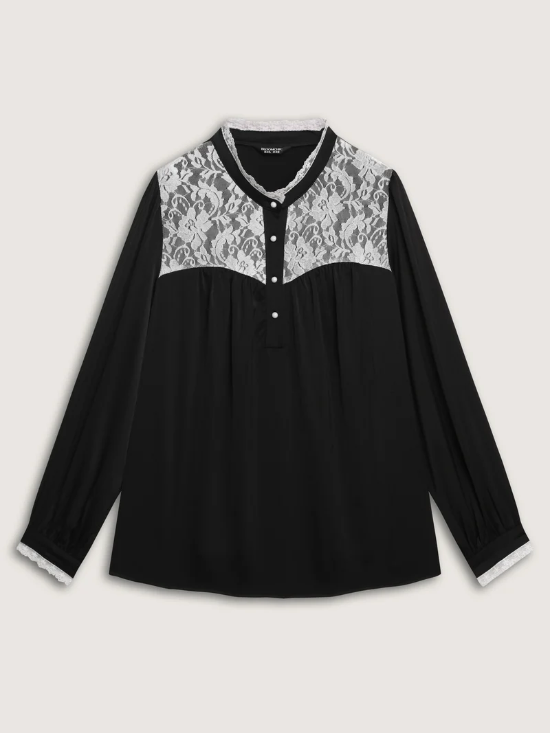Lace Trim Mock Neck Button Blouse