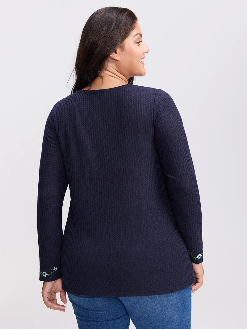Floral Embroidery Textured Round Neck T-Shirt