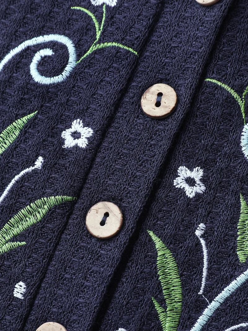 Floral Embroidery Textured Round Neck T-Shirt