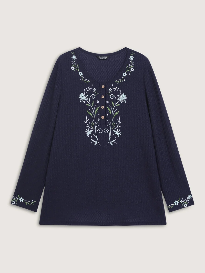 Floral Embroidery Textured Round Neck T-Shirt