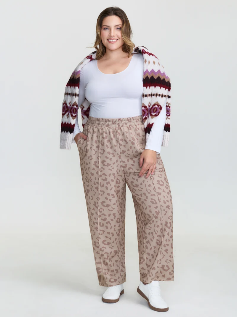 Leopard Seamed Shirred Waistband Pants