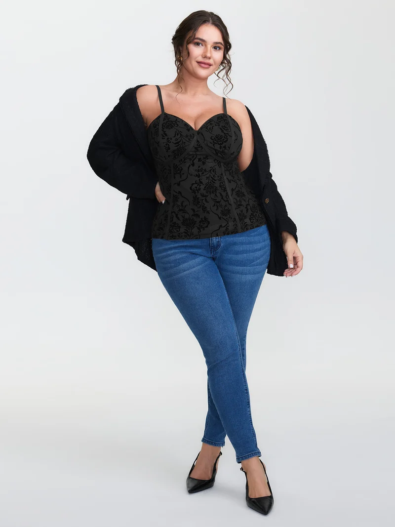 Flocked Floral Stretchy Mesh Lace Tank Top