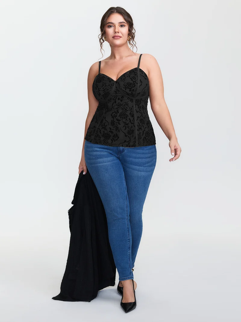 Flocked Floral Stretchy Mesh Lace Tank Top