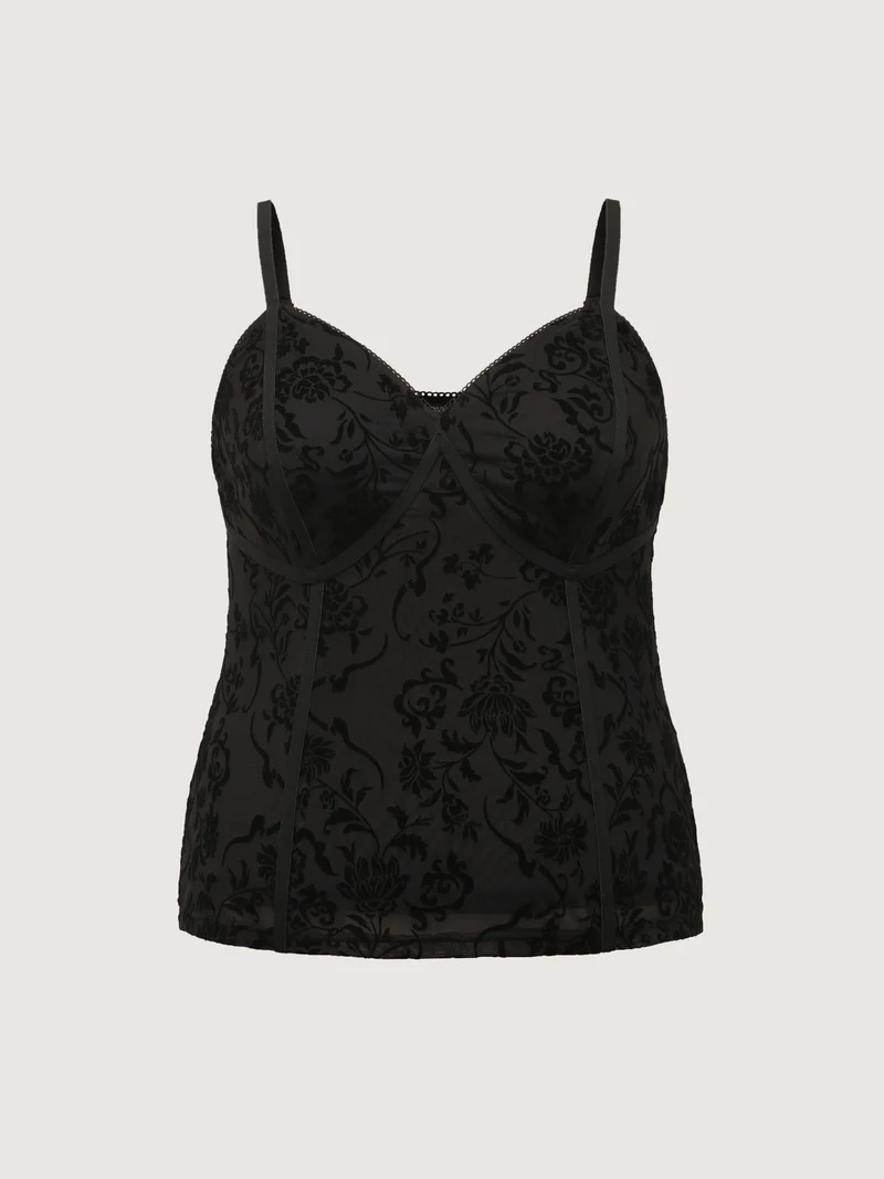 Flocked Floral Stretchy Mesh Lace Tank Top