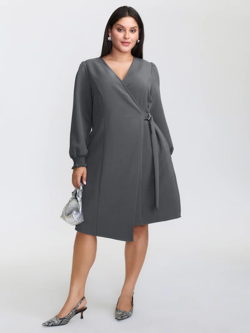 Side Buckle Cinched-Waist Faux Wrap Midi Dress