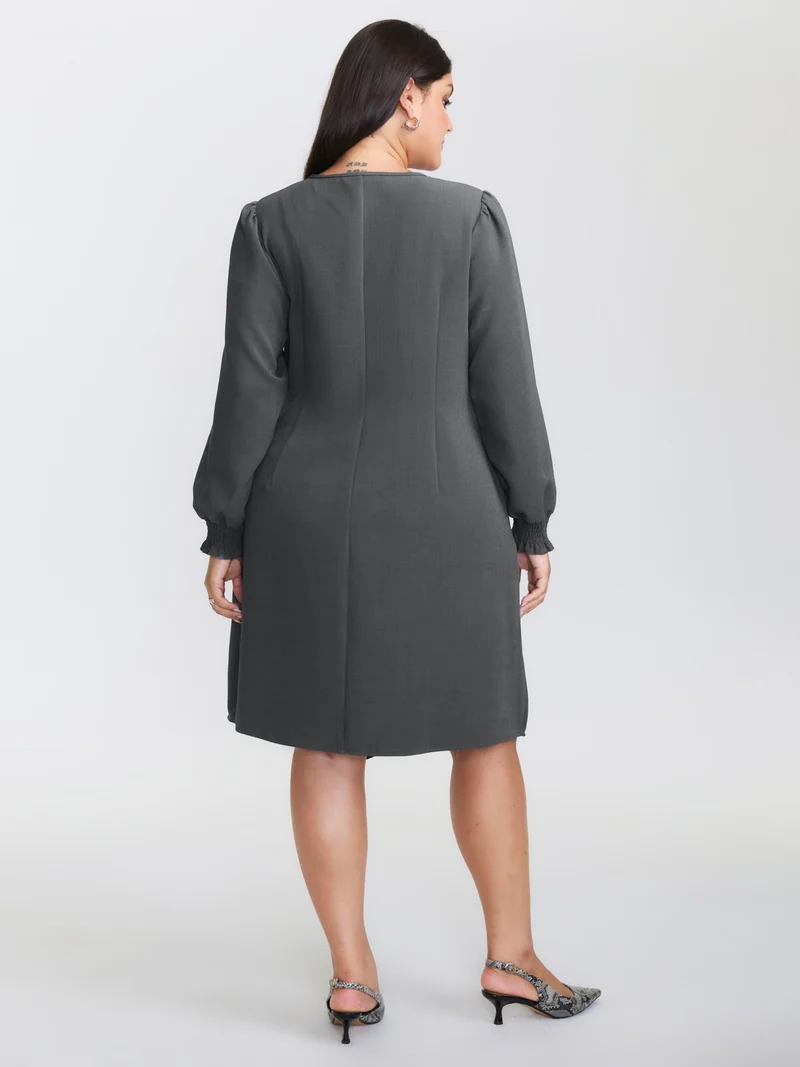 Side Buckle Cinched-Waist Faux Wrap Midi Dress