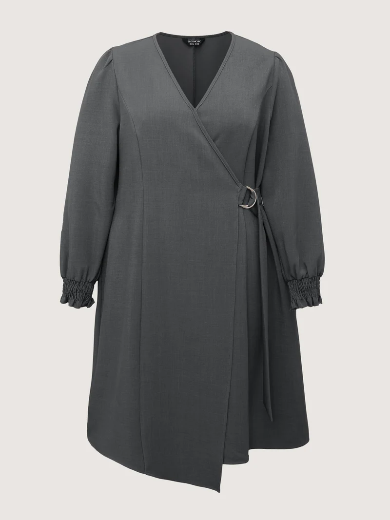 Side Buckle Cinched-Waist Faux Wrap Midi Dress