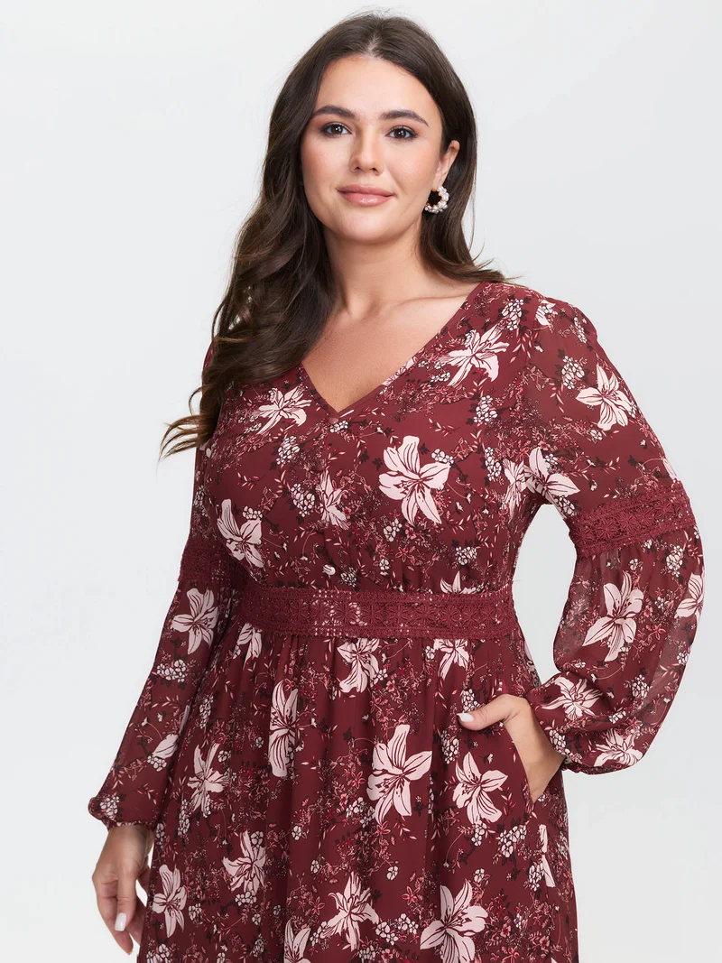 Floral Lace Trim Shirred Waist Midi Dress