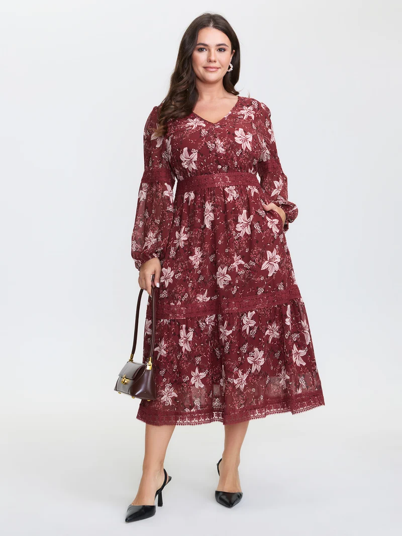 Floral Lace Trim Shirred Waist Midi Dress