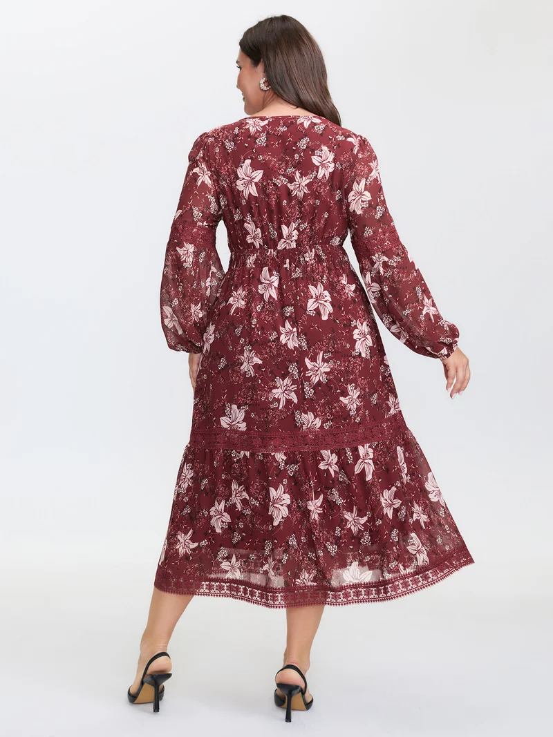 Floral Lace Trim Shirred Waist Midi Dress