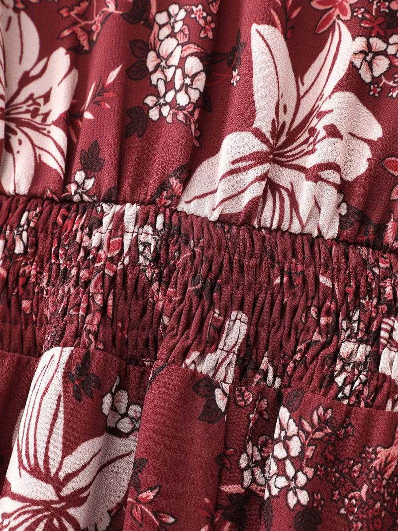 Floral Lace Trim Shirred Waist Midi Dress