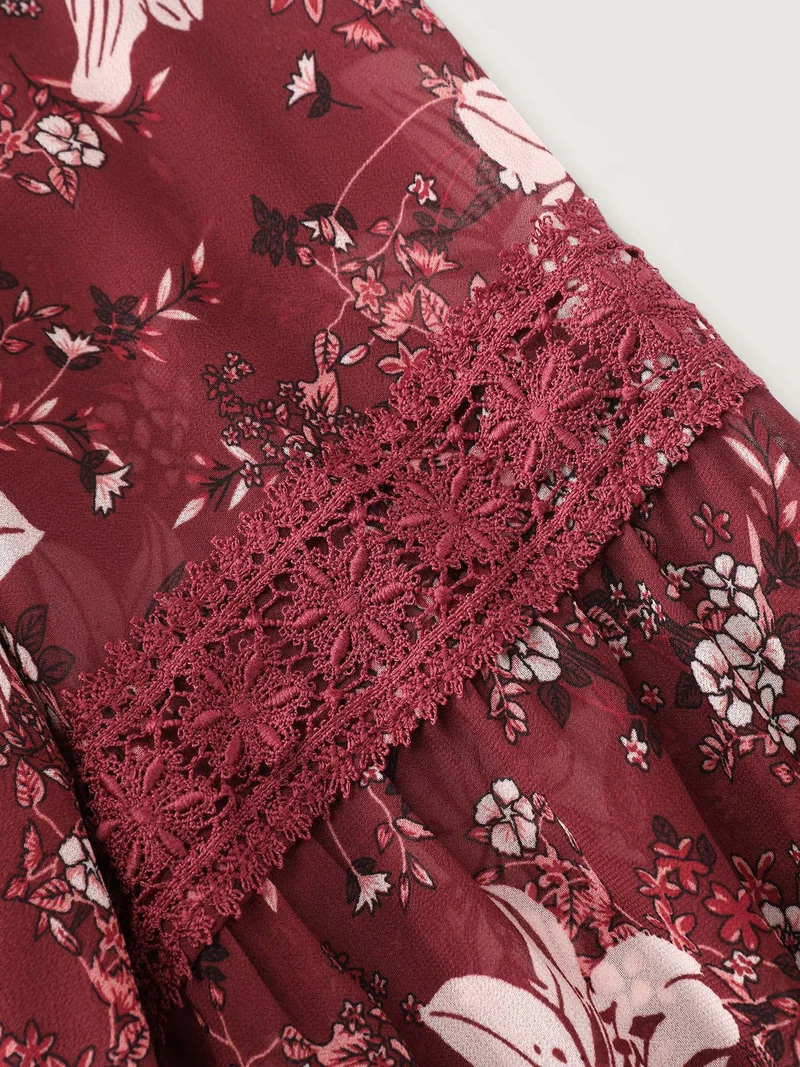 Floral Lace Trim Shirred Waist Midi Dress