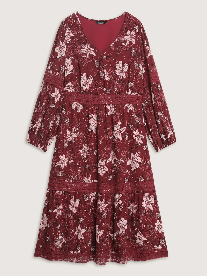 Floral Lace Trim Shirred Waist Midi Dress