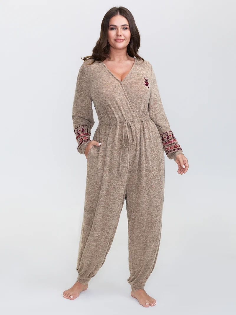 Stretchy Embroidery Pockets Drawstring Lounge Jumpsuit