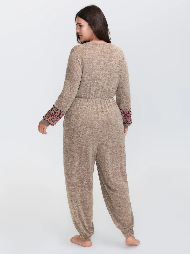 Stretchy Embroidery Pockets Drawstring Lounge Jumpsuit