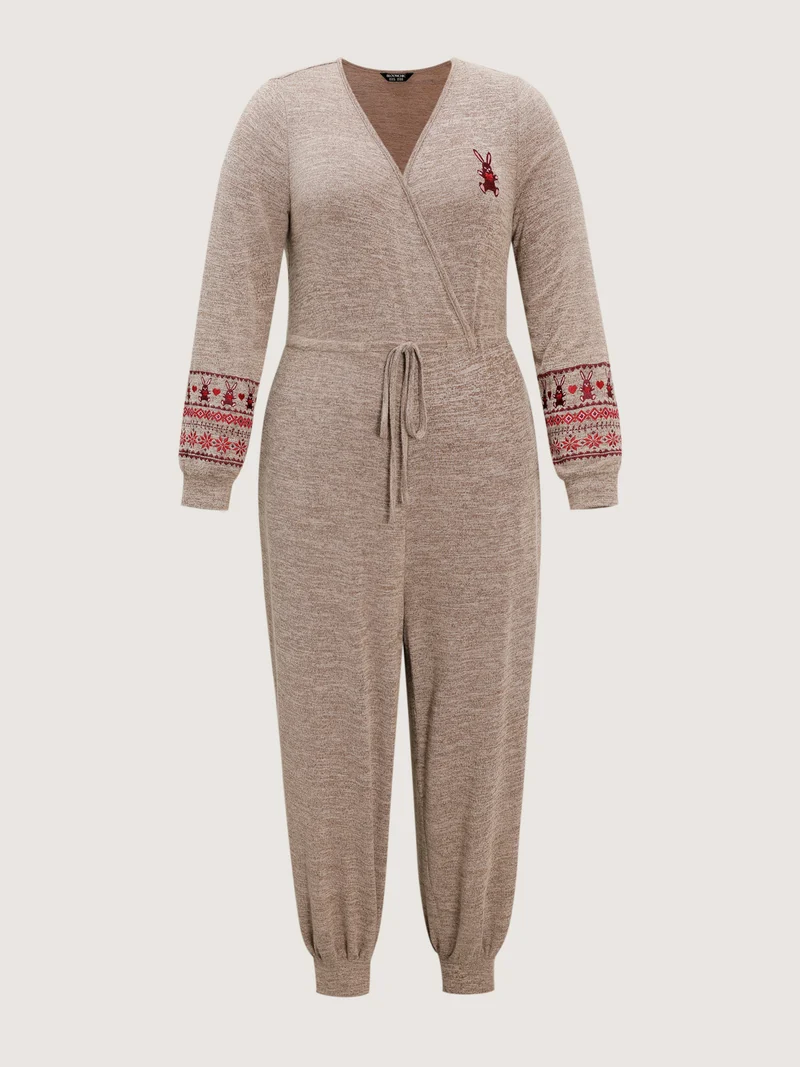 Stretchy Embroidery Pockets Drawstring Lounge Jumpsuit