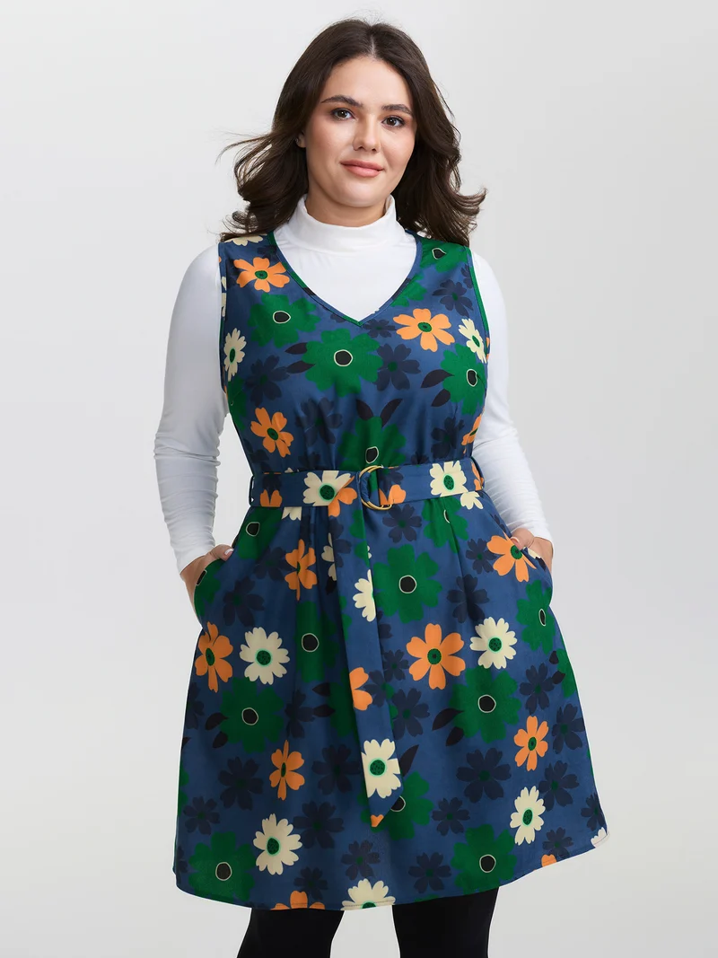 Floral Belted Waist-Defining Knee Dress