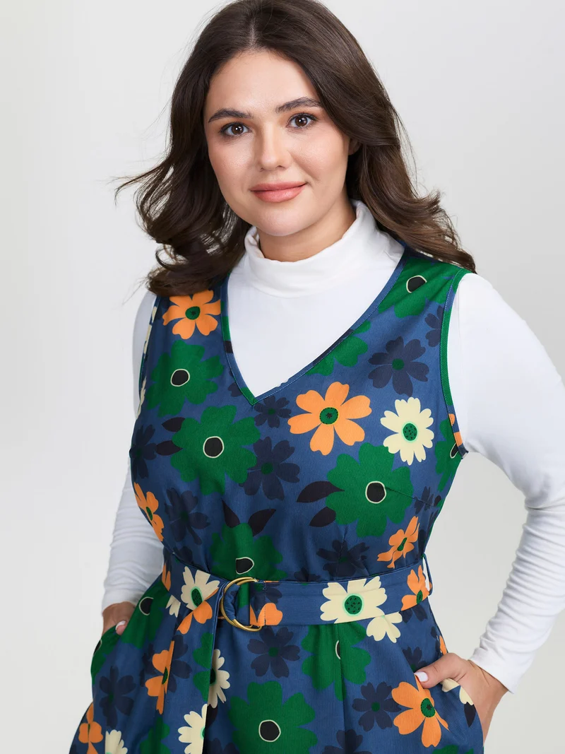 Floral Belted Waist-Defining Knee Dress